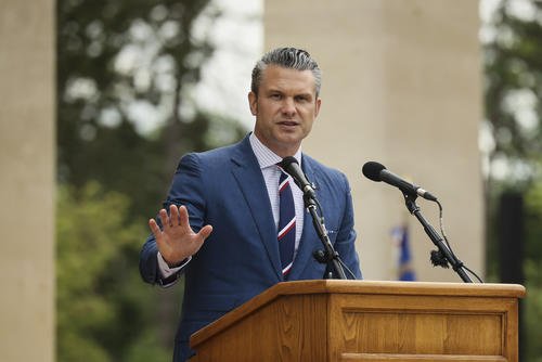 U.S. Defense Secretary Pete Hegseth delivers a speech at the US cemetery