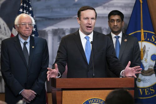 Sen. Bernie Sanders, I-Vt., from left, Sen. Chris Murphy, D-Conn., and Rep. Ro Khanna, D-Calif.