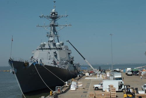 The guided-missile destroyer USS James E. Williams prepares to depart at Naval Station Norfolk, Va., for its May 2, 2006, maiden voyage with the Enterprise Carrier Strike Group.