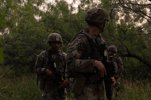Army National Guard soldiers conduct foot patrols along the southern border