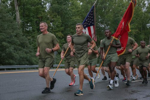 Lieutenant General Karsten "Hazel" Heckl leads the Combat Development and Integration and Marine Corps Warfighting Lab Marines and sailors on a farewell run, Aug. 8, 2024, aboard Marine Corps Base Quantico, Virginia. (Matthew Krogull)